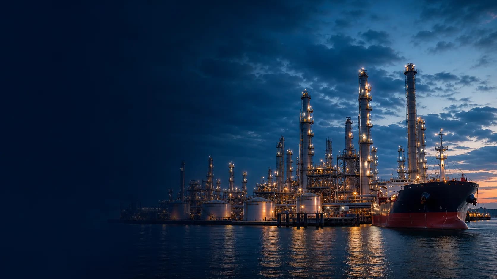Petroleum refinery and tanker ship at dusk