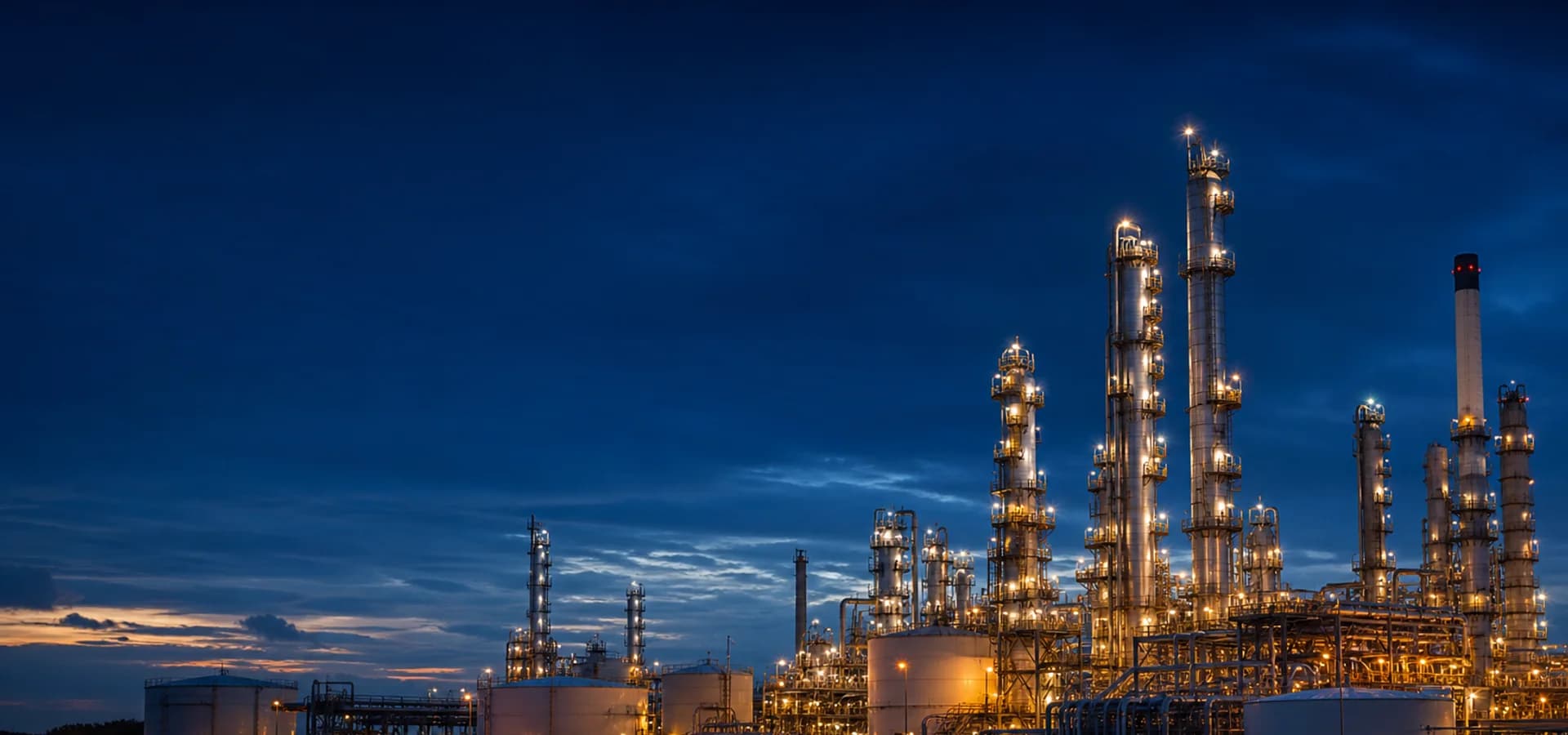 Petroleum refinery illuminated at dusk